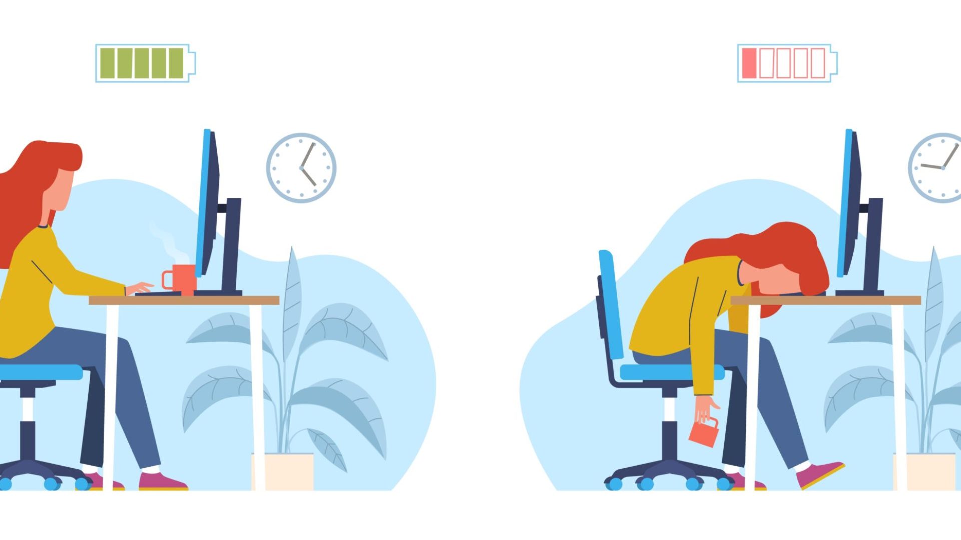 Work burnout. Professional burnout syndrome. Tired businesswoman in office in stress. Mental problems, depressed female worker with low energy battery working on computer in workplace vector concept