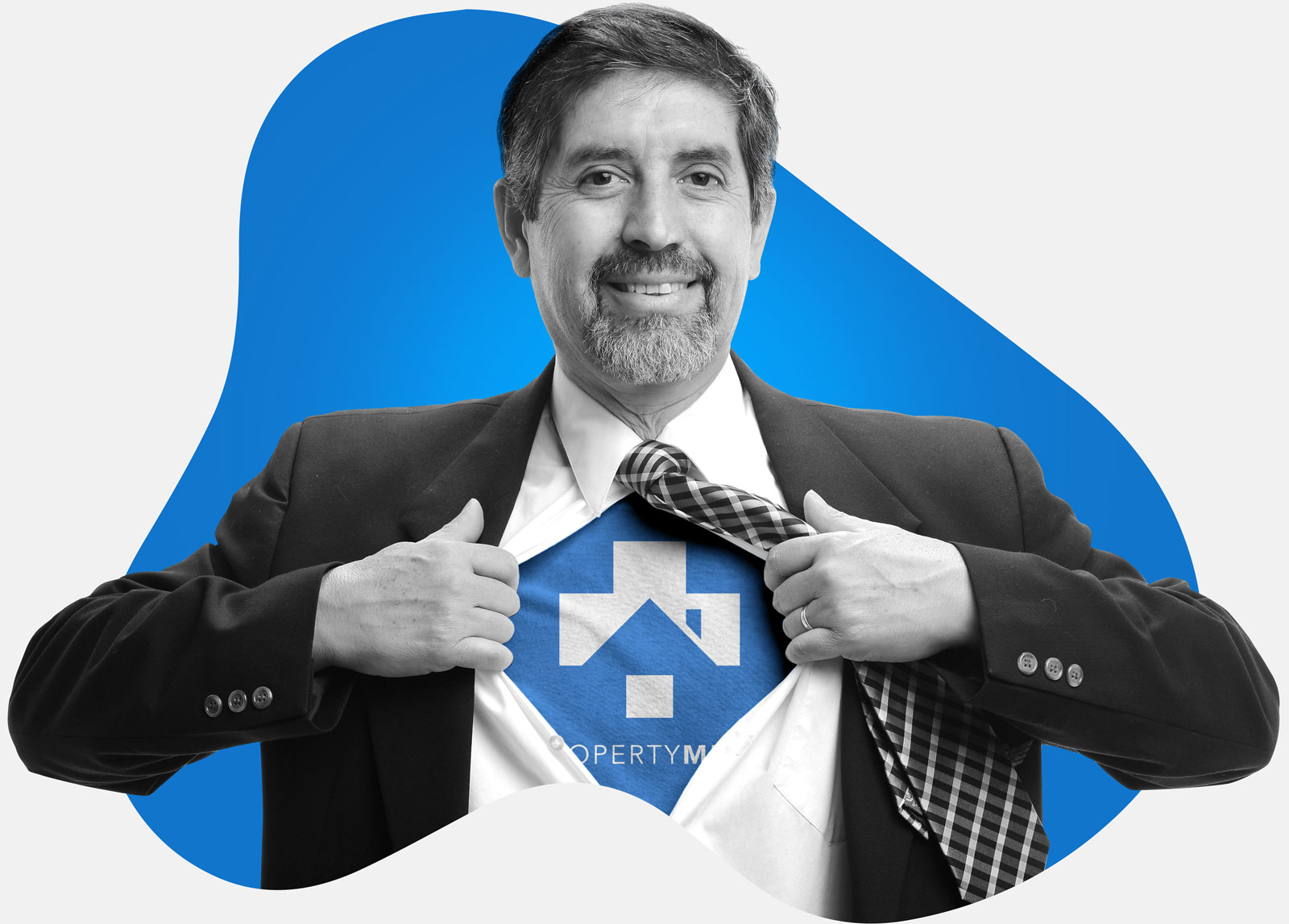 Satisfied man opening his shirt like superman to a Property Meld logo.