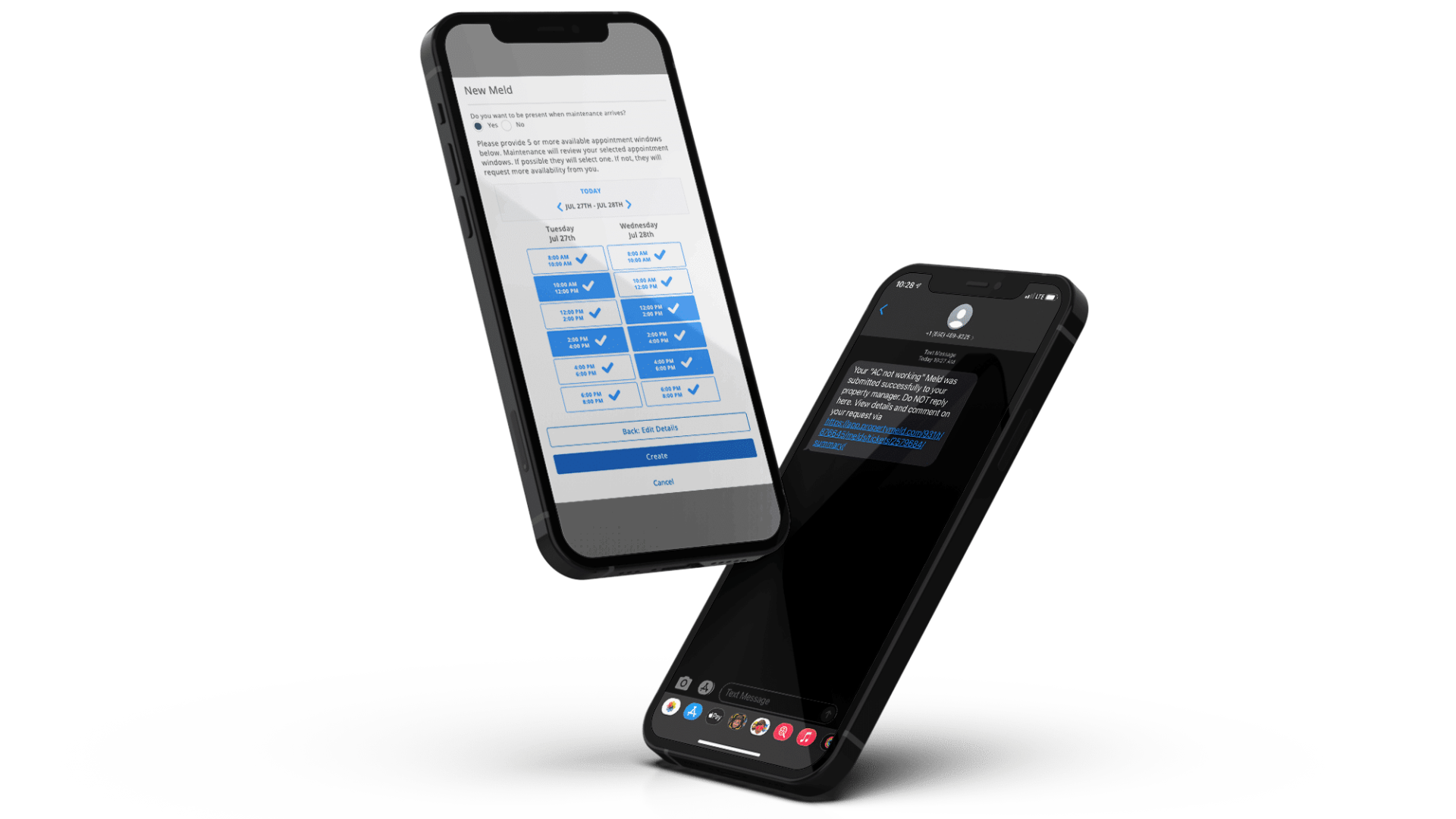 Two phones using Property Meld for scheduling property maintenance.